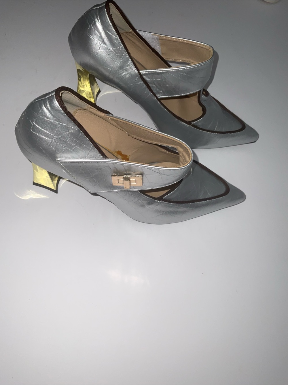 Women's Silver Pointed Mary Jane Pumps with Gold Block Heel